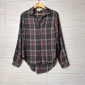 Anthropologie Cloth & Stone Top Womens Size Medium Gray & Pink Plaid Flannel